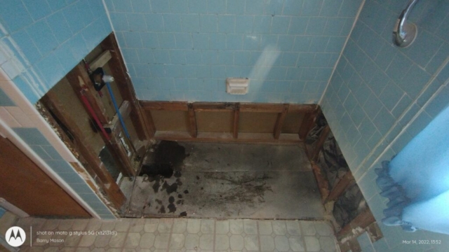 Replace Tub with Roll-in Shower Pan in Tiled Enclosure (Tub Removed and Tile Cut-away)