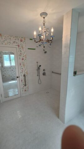 Shower: Grouted and Trim, bench installed 1 Shower: Grouted and Trim, bench installed 1
