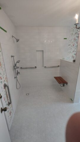 Shower: Grouted and Trim, bench installed 2 Shower: Grouted and Trim, bench installed 2
